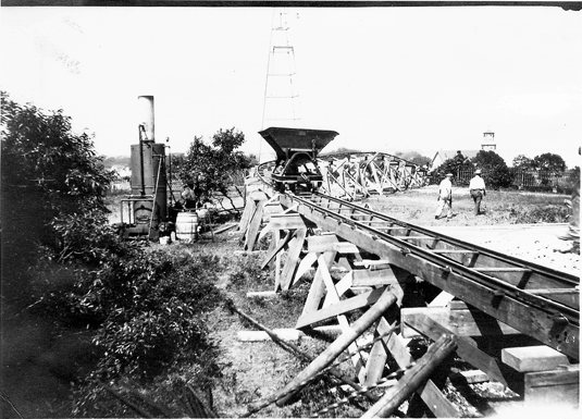 A railway was constructed from Bradford Street up the side of High Pole Hill in order to deliver granite that was shipped by sea from Stonington, Maine. Circa Spring 1907