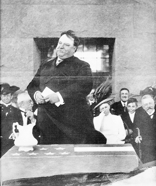 President William Howard Taft addressed the attendees to the dedication of the Pilgrim Memorial Monument on August 5, 1910.  On the left of President Taft is J. Henry Sears, President of the Cape Cod Pilgrim Memorial Assocation, and to his right is Mrs. Taft, their son Charlie, and Senator Henry Cabot Lodge.