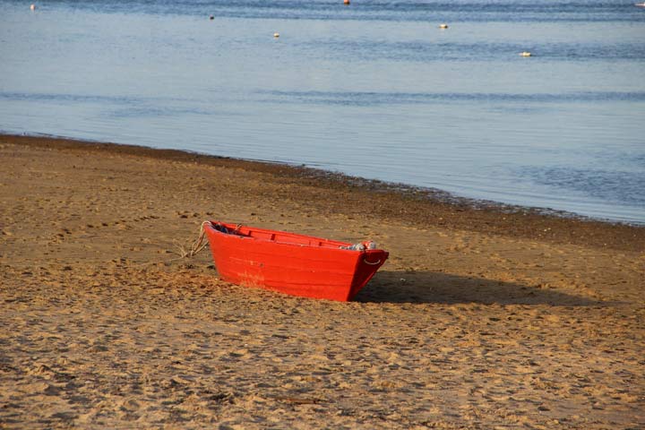 Provincetown Harbor, center of Town, red boat